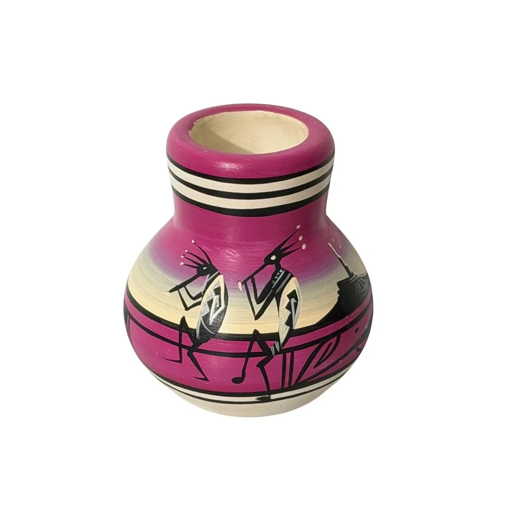 Yanito Pottery Vase Navajo Magenta Kokopelli Hand Painted Southwestern Decor